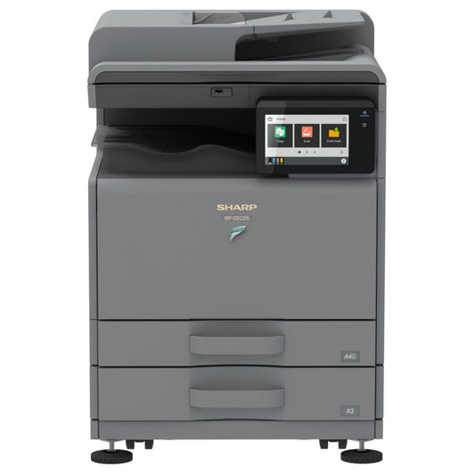 Sharp BP 22C25 A3 Colour Multifunction Printer – 25 ppm, 7″ Touch LCD delivering 25 ppm printing, 31 ppm scanning with a RSPF feeder, and high-resolution 600 dpi output