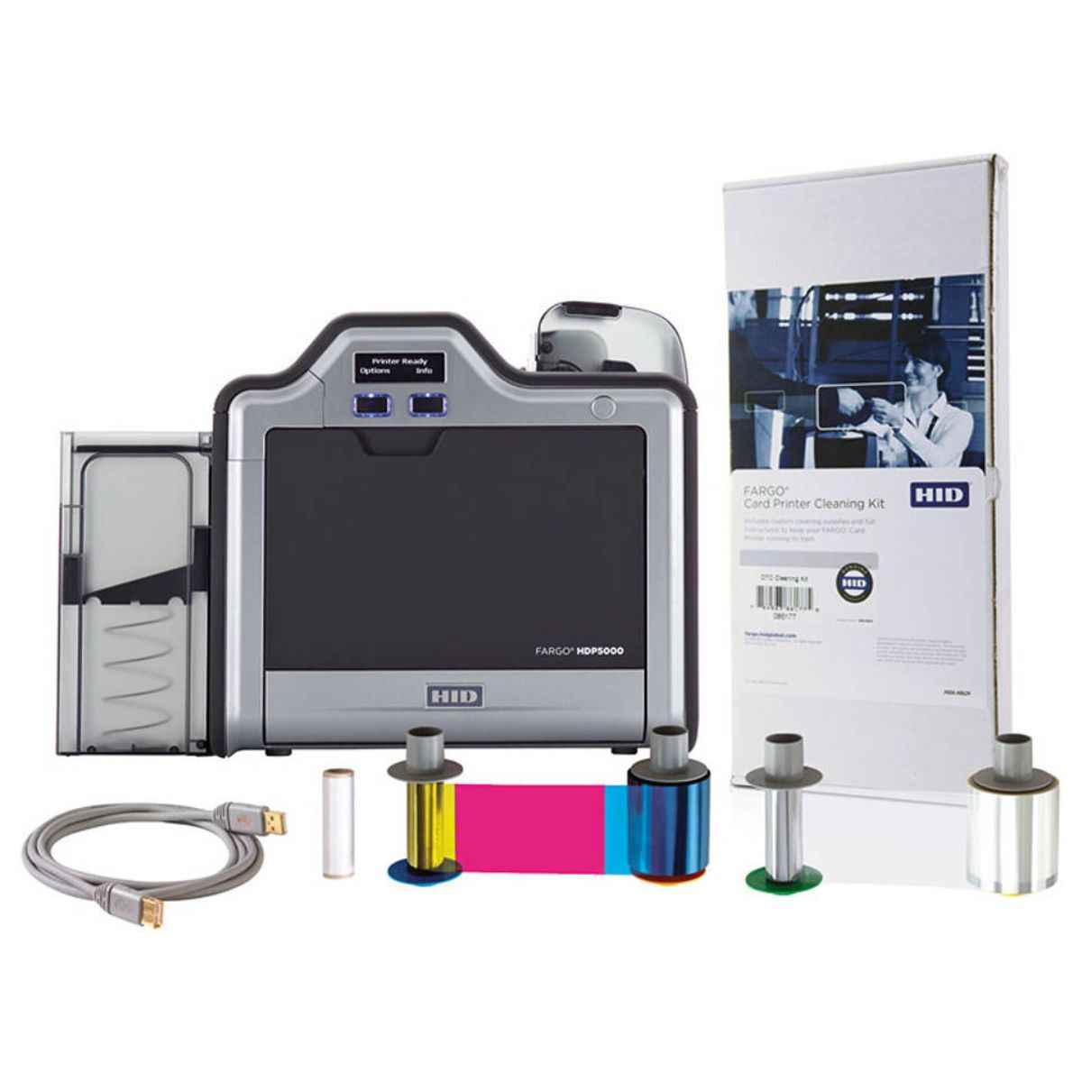 HID Card Imaging Fargo HDP5000 Dual Side High Definition ID Card Printer & Supplies Bundle Software,YMCK Ribbon (500 Images), HDP Film (1500 Images) | 89640