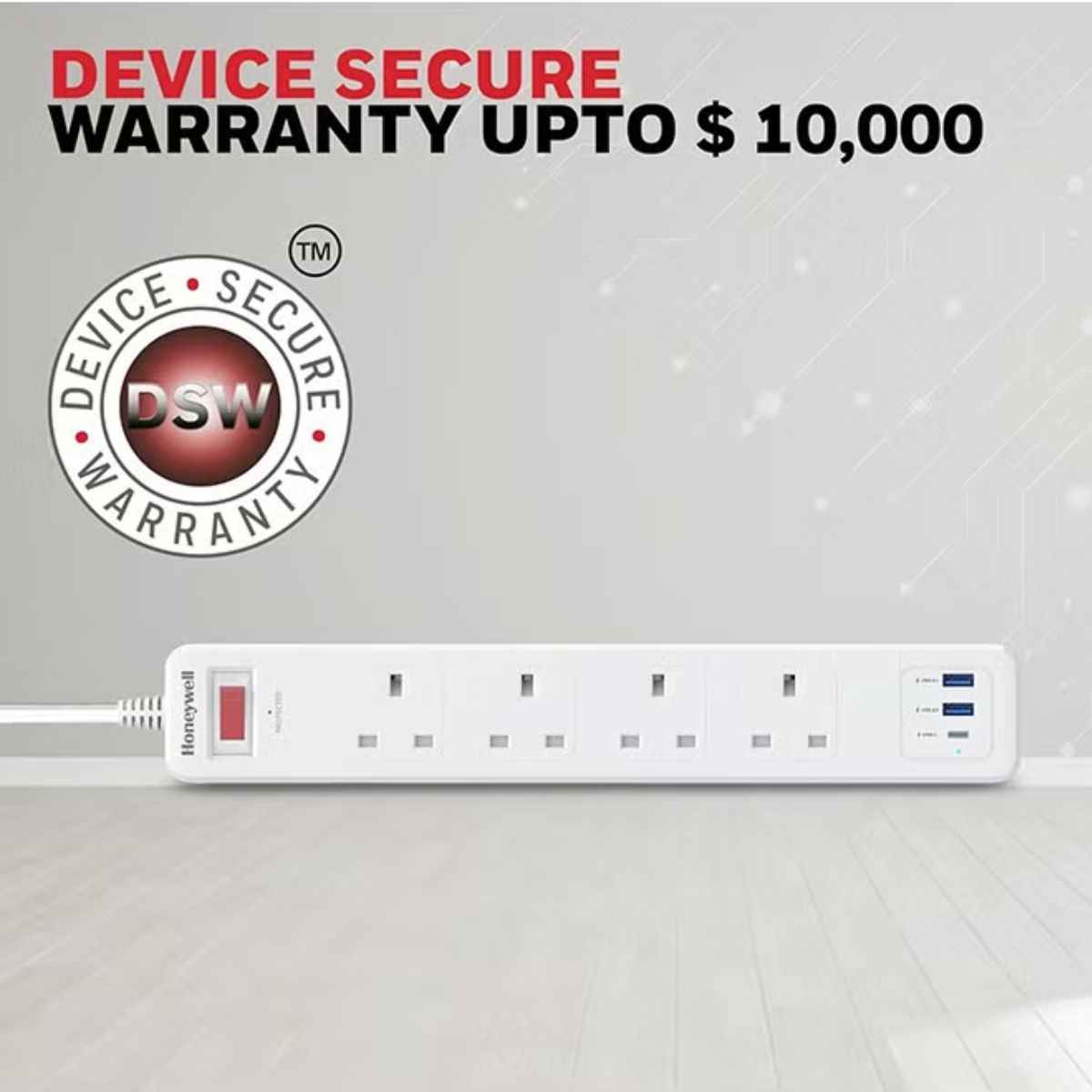 Honeywell Surge Protector - 4 Universal Sockets, 1xPD 20W & 2xUSB, 1.8 Meter Cord, White