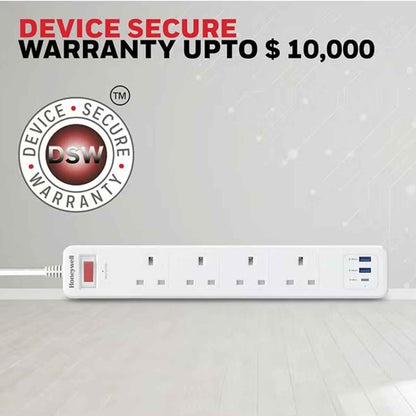 Honeywell Surge Protector - 4 Universal Sockets, 1xPD 20W & 2xUSB, 1.8 Meter Cord, White