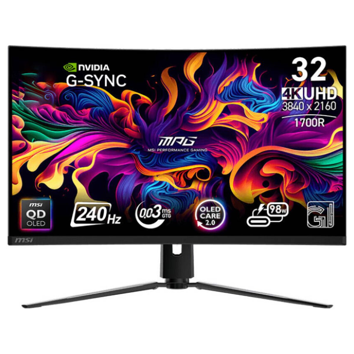 MSI MPG 321CURX QD-OLED Gaming Monitor | 32" 4K UHD QD-OLED Display | 240Hz Refresh Rate | 0.03ms Response Time | G-SYNC Compatible | Black | 9S6-3DD64T-008