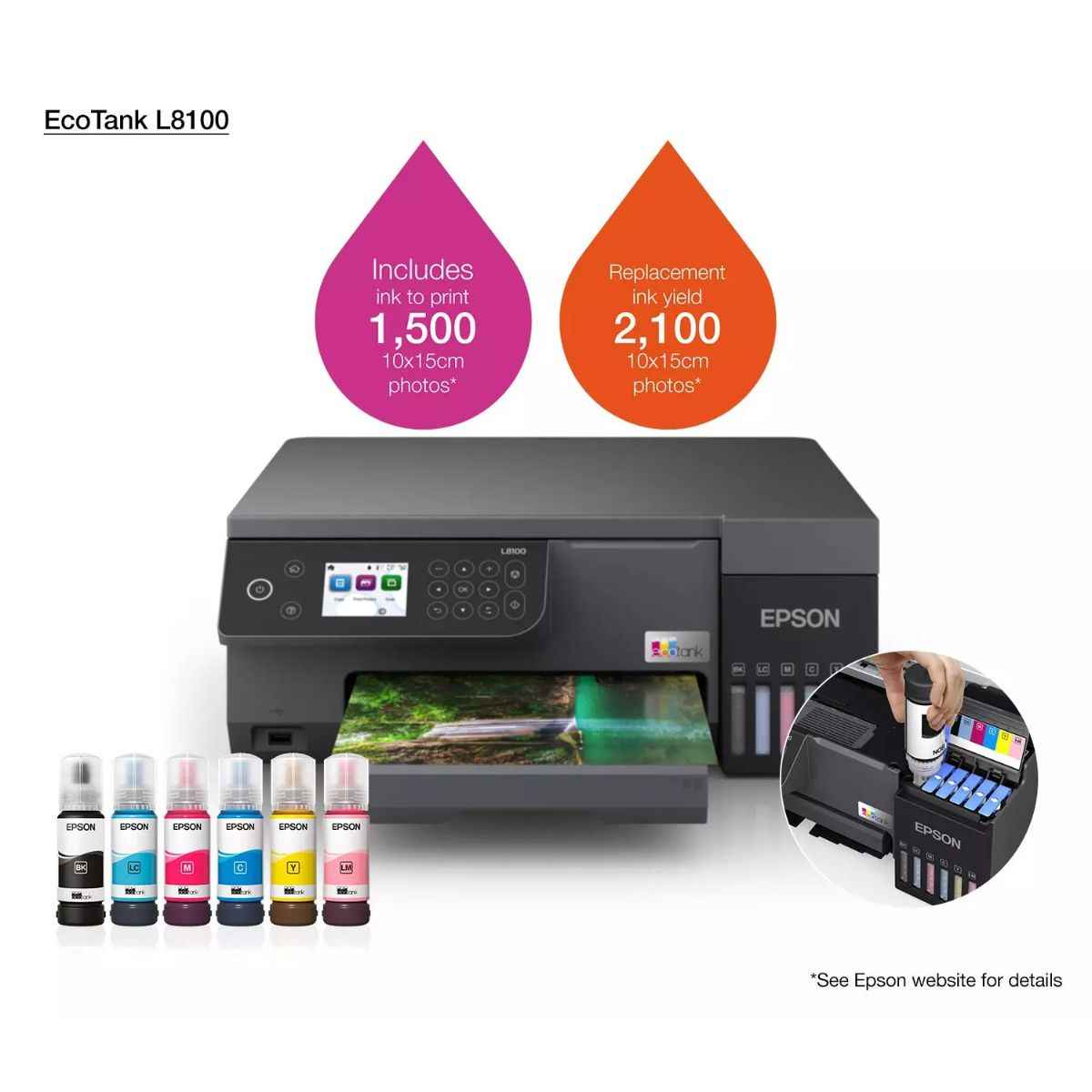 Epson EcoTank L8100 A4 3-in-1 Photo Printer, Epson Smart Panel App, Ink Tank System, 5.400 Pages, 1.500 Photos Color Yield, 1200 DPI x 4800 DPI, 37dB Noise Level, Black | EcoTank L8100