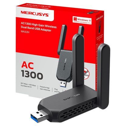 MERCUSYS MA32H AC1300 Dual-Band USB Wi-Fi Adapter | 867 Mbps 5 GHz + 400 Mbps 2.4 GHz | 2 High-Gain Antennas | USB 3.0 | WPA3