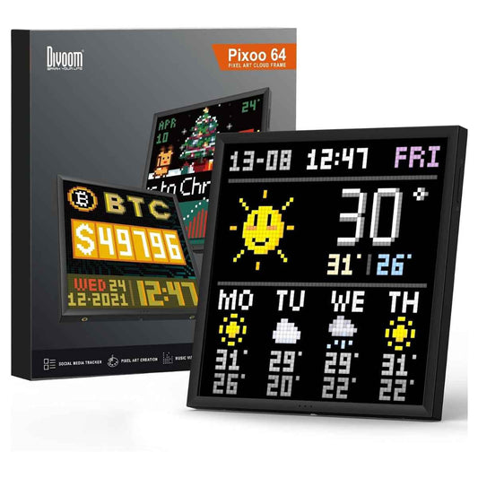 Divoom Pixoo-64 Wifi Pixel Art Digital Frame, Cloud Display, 64 X 64 LED, For Gaming / Room Decoration, With App Control, 1600-6500K Color Temp, 10W Output Power, Black