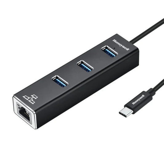 Honeywell 4-in-1 Type C 3.1 to USB 3.0 with RJ45 Gigabit Ethernet Adapter, 5GBPS, 3x3.0 USB Ports, Universally Compatible with Type C MacBooks, laptops, PCs, Tablets | HC000006/ADP/BLK