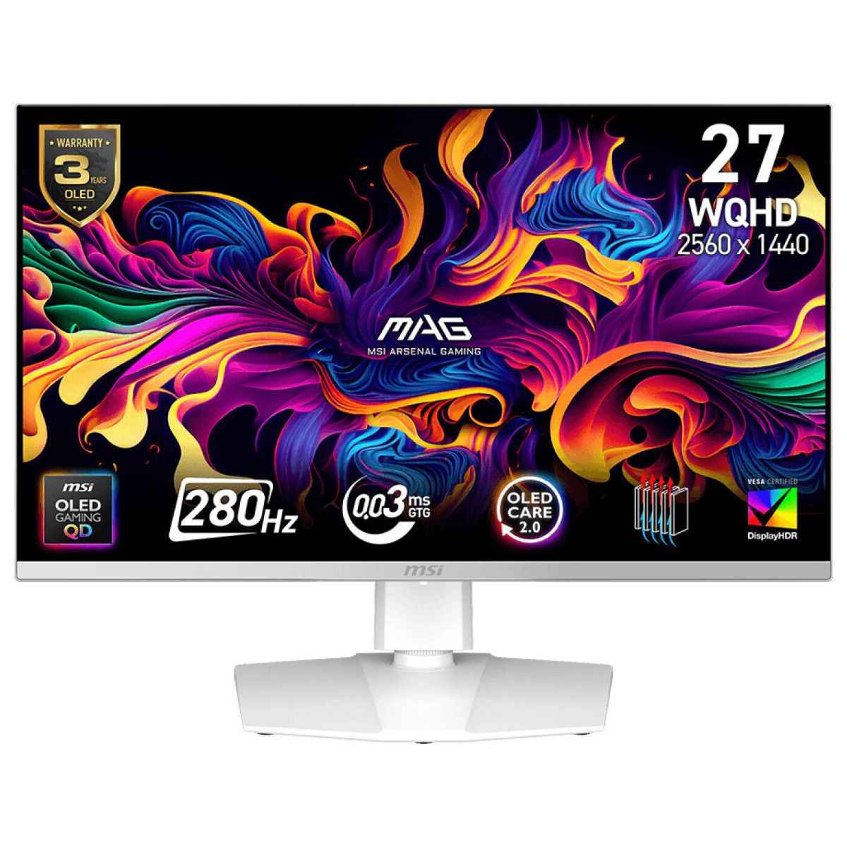 MSI MAG 272QPW X28 Gaming Monitor, 27" QD-OLED Display, QHD Resolution, 0.03ms (GtG) Response Time, 280Hz Refresh Rate, Adaptive-Sync Technology, White | MAG-272QPW-QD-OLED-X28