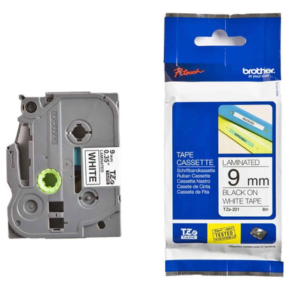 Brother TZe-221 Laminated Tape for P-Touch Labelers, 8m x 9mm, Black on White
