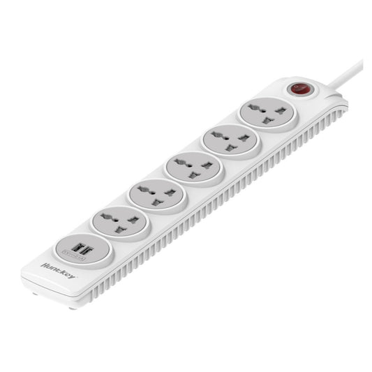 Huntkey SZN607 Power Strip – 5 AC Sockets, 2 USB Charging Ports (2.4 A), 3 m Cable, Child Safety & Flame-Retardant for Home & Office