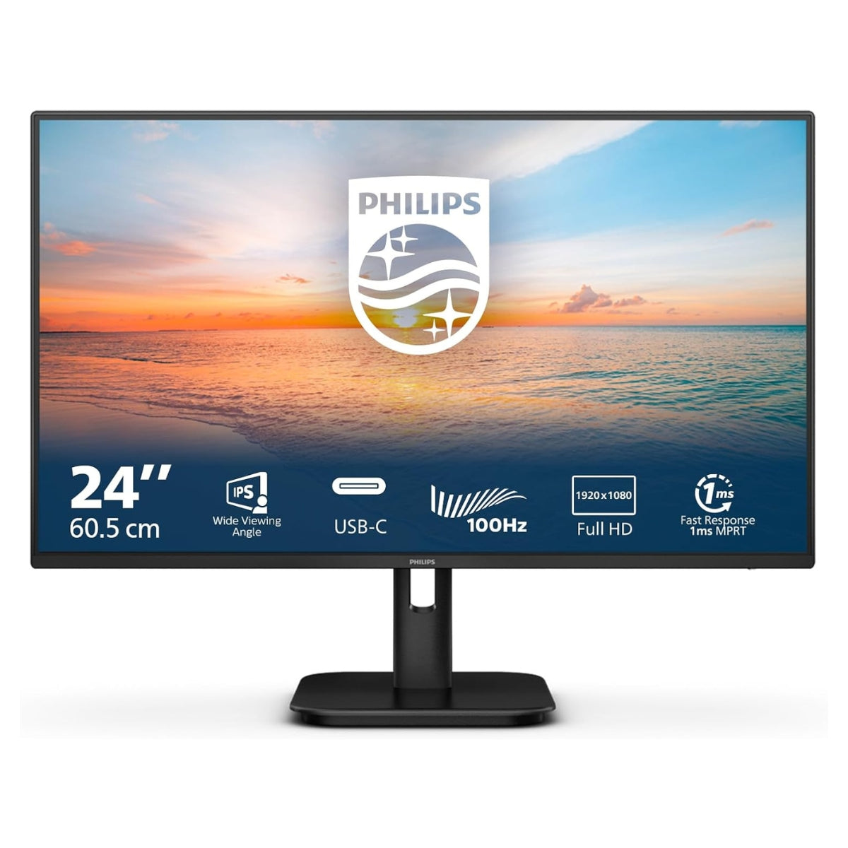 PHILIPS 24 Inch Full HD LCD monitor, 100Hz, IPs, 1ms, USB-C power delivery, Speakers, Flicker Free, LowBlue mode (1920 x 1080, 250 cd/m², HDMI 1.4 / USB-C)