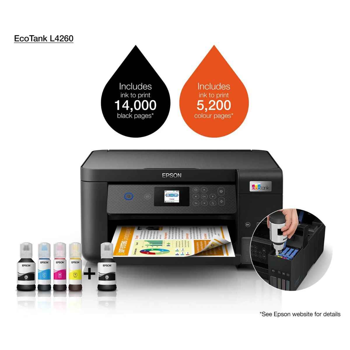 Epson EcoTank L4260 Wi-Fi Duplex AIO Ink Tank Printer, Borderles Printing Up to A4 Size, Auto Duplex, 5760x1440 dpi Resolution, 10.5ipm/5.0ipm Print Speed, Spill-Free Ink Refilling, Black | C11CJ63415