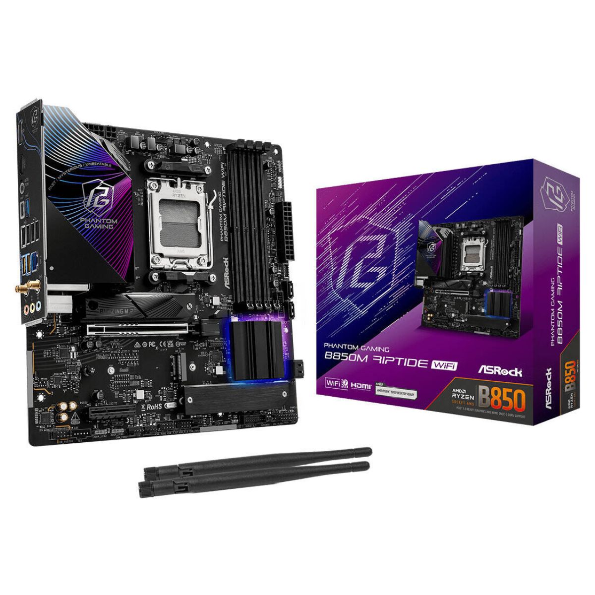 ASRock B850M Riptide WiFi AM5 ATX Motherboard, AMD B850 Chipset, 4x DDR5 DIMM Slots, 256GB Max Memory, 1x PCIe 5.0 x16 Slot, 3x M.2 Slots, Black | 90-MXBS30-A0UAYZ