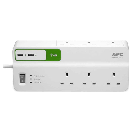 APC Essential SurgeArrest 6-Outlet Power Strip with Dual USB Charger | 230V UK Plug | 2 Meter Cable | 2 x USB Ports (5V, 2.4A) | Black | PM6U-UK