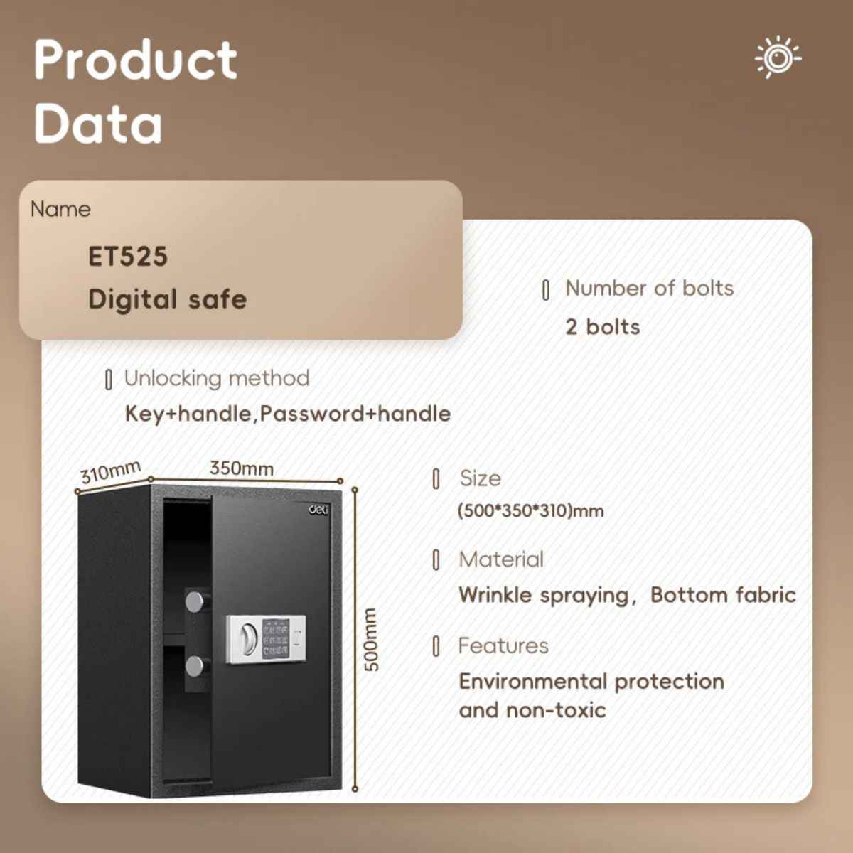 Deli T525 Fireproof Safe, Digital Safe Box with Key  Full Metal Body 13.7kg (50×35×31cm) Black
