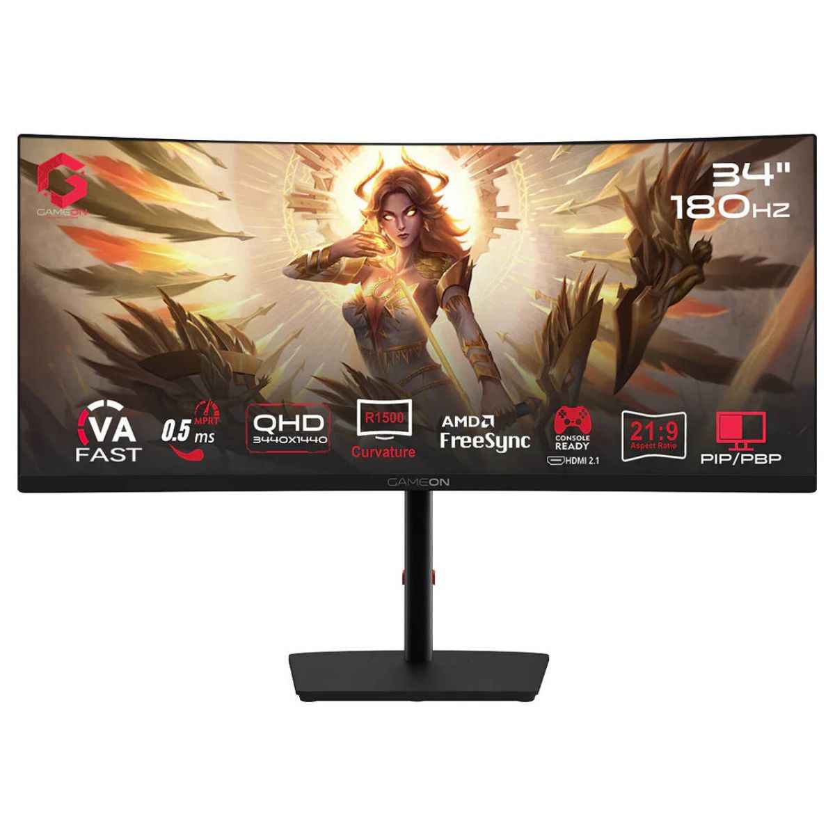 GAMEON Spectra Pro Series Monitor, 34" Fast VA Curved Display, WQHD Resolution, 180Hz Refresh Rate, 0.5ms (MPRT) Response Time, Adaptive-Sync & VRR, R1500 Curvature, Black | GOC34WQHD180VA