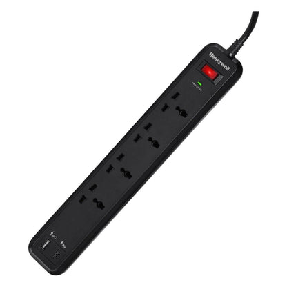 Honeywell Surge Protector, 4 Universal Sockets, 1× USB &amp; 1× PD 18W USB-C Port, 2 Meter Cable, Black | HC000022/SRG/2M/BLK/4/USB/PD18W/UK (Without Box)