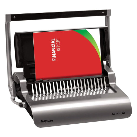 Fellowes Quasar+ 500 Manual Comb Binding Machine | 25 Sheet Punch Capacity | 500 Sheet Binding Capacity | 50mm Comb Size | Heavy-Duty Office Binder | Grey