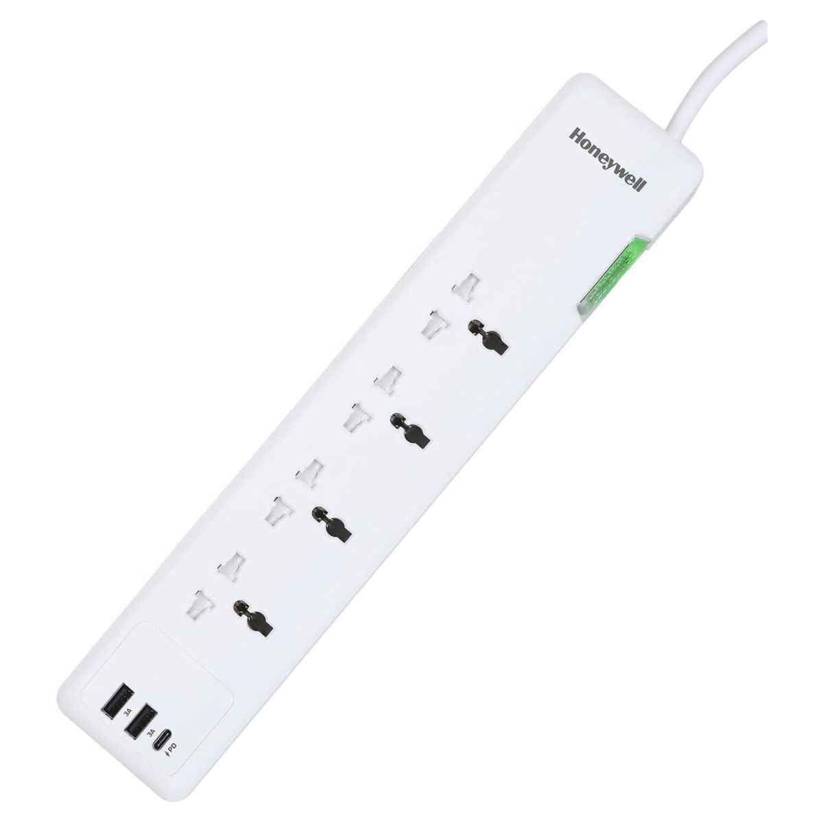 Honeywell Surge Protector - 4 Universal Sockets, 1xPD 20W & 2xUSB, 1.5 Meter Cord, White