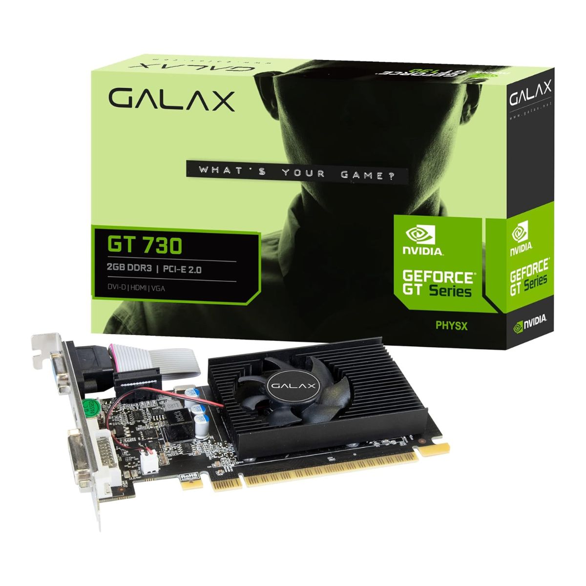 GALAX GeForce GT 730 Graphics Card, 4GB DDR3 128-bit Memory, 700 MHz Base Clock, 667MHz Memory Clock, 384 CUDA Cores, PCI-E 2.0 x8, DVI-I x1,HDMI x1,VGA x1 | 73GQF8HX00HD