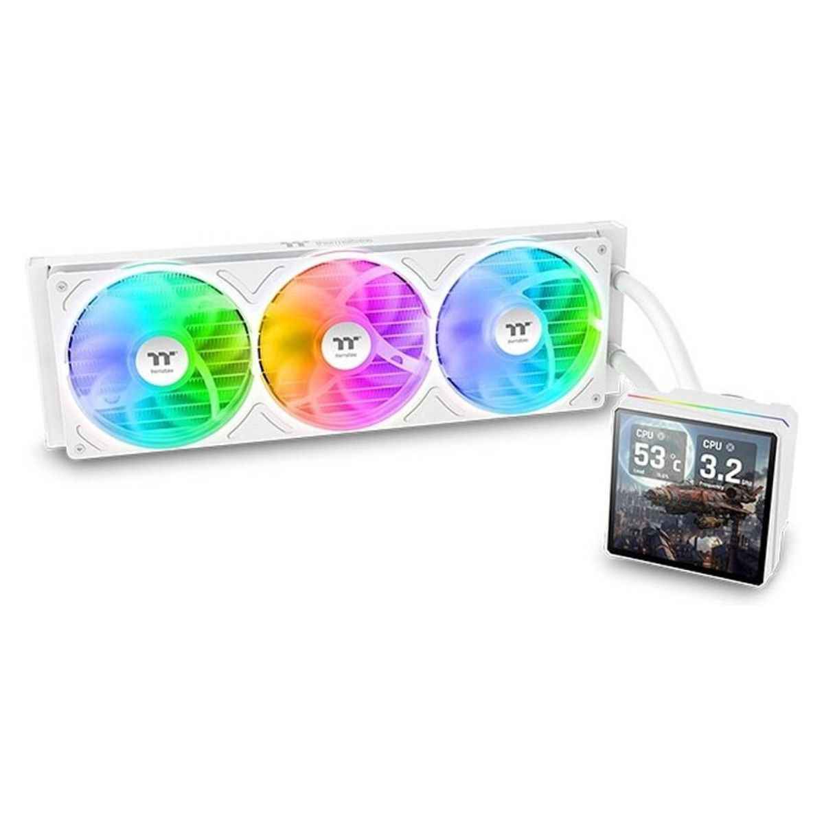Thermaltake TH360 V3 Ultra ARGB Sync AIO Liquid Cooler, 360mm Radiator, 2500 RPM Fan Speed, 85.29 CFM Airflow, 3.95" TFT-LCD Display, White | CL-W476-PL12SW-A