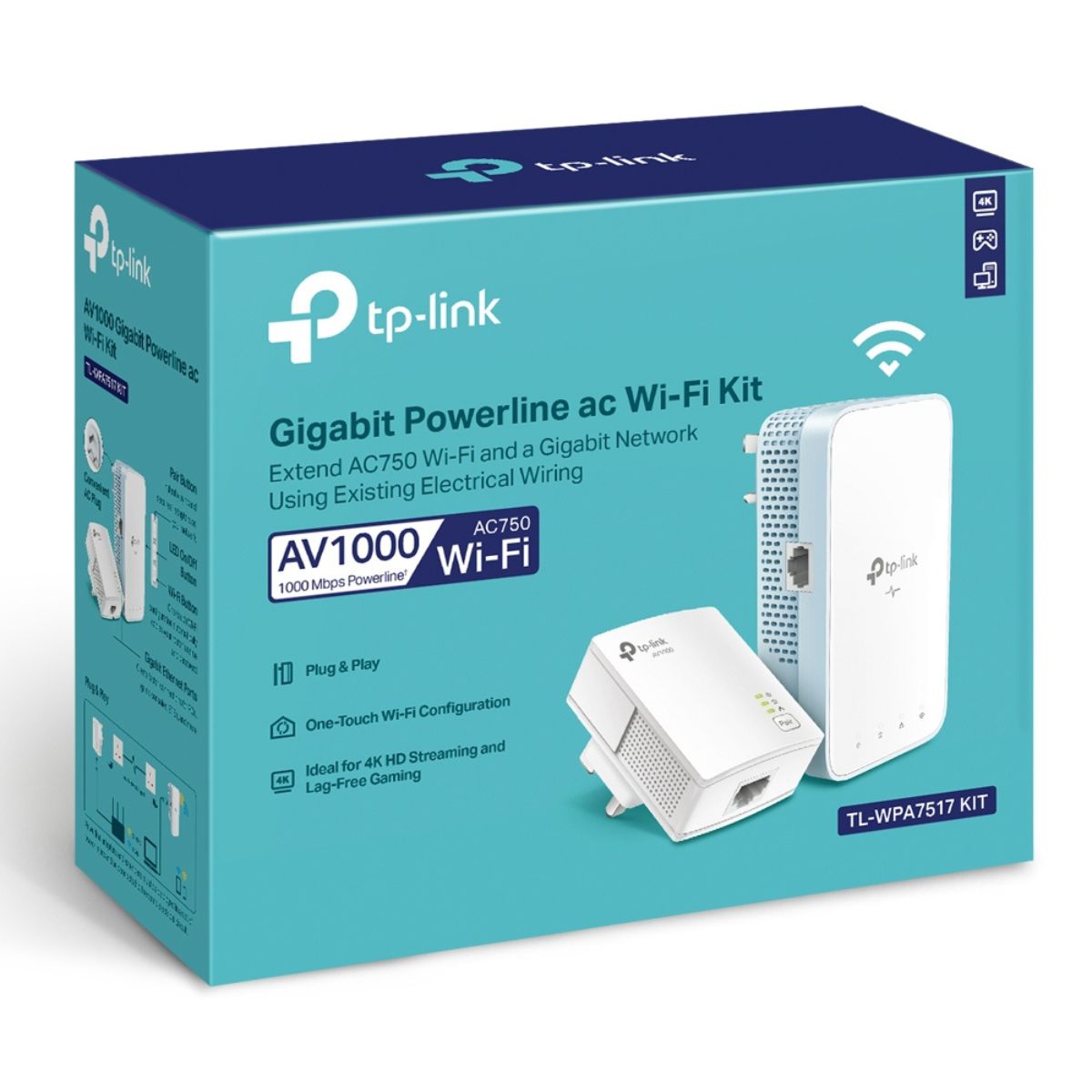 TP-Link AV1000 AC Wi-Fi Kit, Gigabit Ethernet Ports, UK Plug, 300m Range, HomePlug AV2, Plug & Play, White | TL-WPA7517KIT