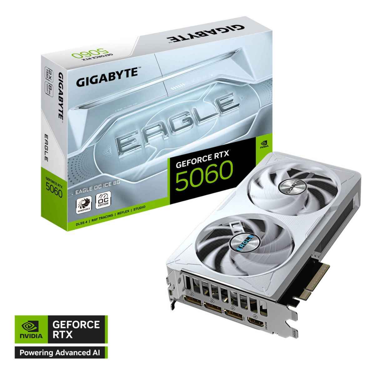 GIGABYTE GeForce RTX 5060 EAGLE OC ICE Graphics Card, 8GB GDDR7, PCIe 5.0, Triple-Fan Cooling, White | GV-N5060EAGLEOC ICE-8GD