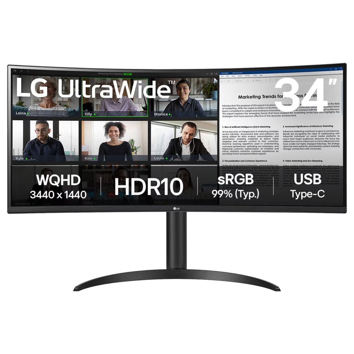 LG 34WR55QK 34" UltraWide Curved Monitor, WQHD (3440x1440), 100Hz, VA Panel, HDR10, USB-C 65W, 21:9 Display, Black