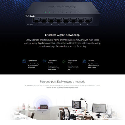 D-Link 5-Port Gigabit Unmanaged Desktop Switch, Metal Casing, Energy Efficient, Fanless, Supports 10 Gbps, 3.55 Watts Power, 10 Gbps Switching Fabric, Black | DGS-105GL