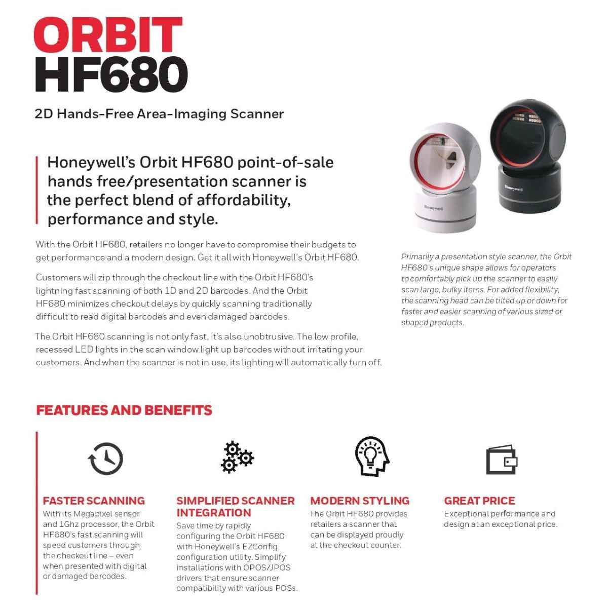 Honeywell Orbit HF680 Hands Free Barcode Scanner, 1D & 2D Scanner Capabilities, 1280 800 Pixels Scan Pattern, 2.7m Cable Length, USB Wired Connectivity, Black | HF680-R12-2USB