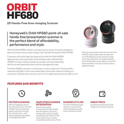 Honeywell Orbit HF680 Hands Free Barcode Scanner, 1D & 2D Scanner Capabilities, 1280 800 Pixels Scan Pattern, 2.7m Cable Length, USB Wired Connectivity, Black | HF680-R12-2USB