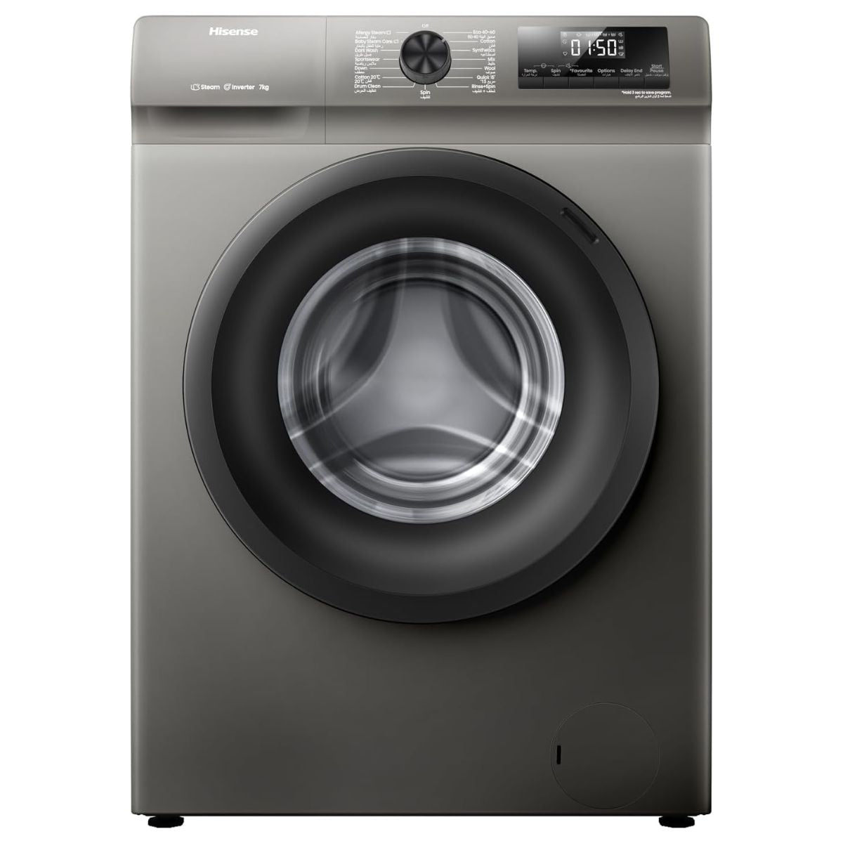 Hisense WFQP7012T Front Load Slim Washing Machine, 7kg Capacity, Inverter Motor, 1200 RPM Spin Speed, Steam Care, Quick Wash, Titanium Grey