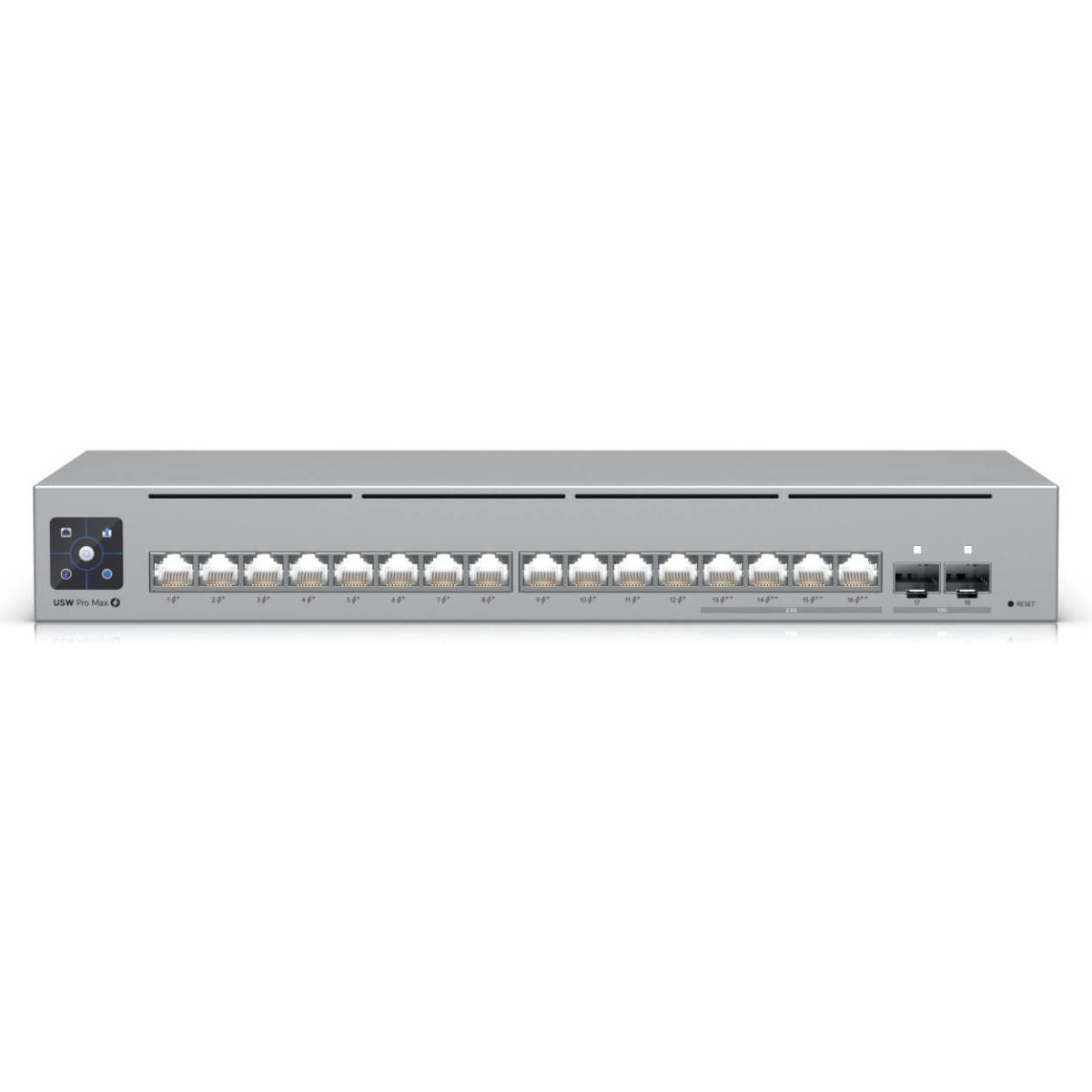 Ubiquiti Switch Pro Max 16 PoE Switch, 84 Gbps Switching Capacity, 64.496 Mpps Forwarding Rate, 1.3" Touch Display, 180W Total PoE Available, Ethernet In-Band, Gray | USW-Pro-Max-16-PoE (180W)