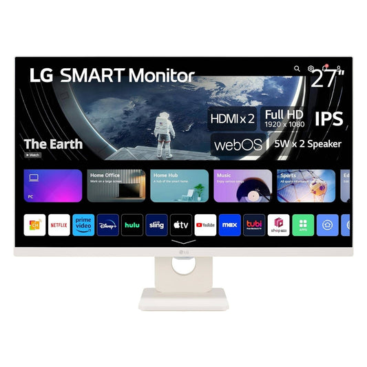 LG 27SR50F 27" Smart FHD IPS Monitor with webOS 23, HDR10, Screen Share, Wi-Fi / Bluetooth, 5Wx2 Stereo Speaker, Tilt Stand, Apple AirPlay 2 & HomeKit Compatibility, HDMI/USB Type-A, White
