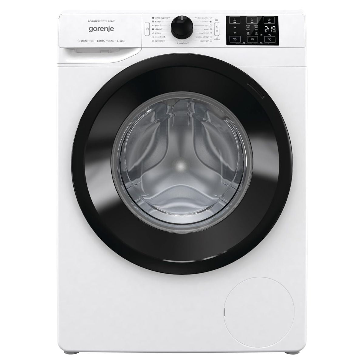 Gorenje WNEI14BS Front Load Washing Machine, 10kg Capacity, 16 Wash Programs, Inverter PowerDrive Motor, SteamTech, 1400 RPM, White