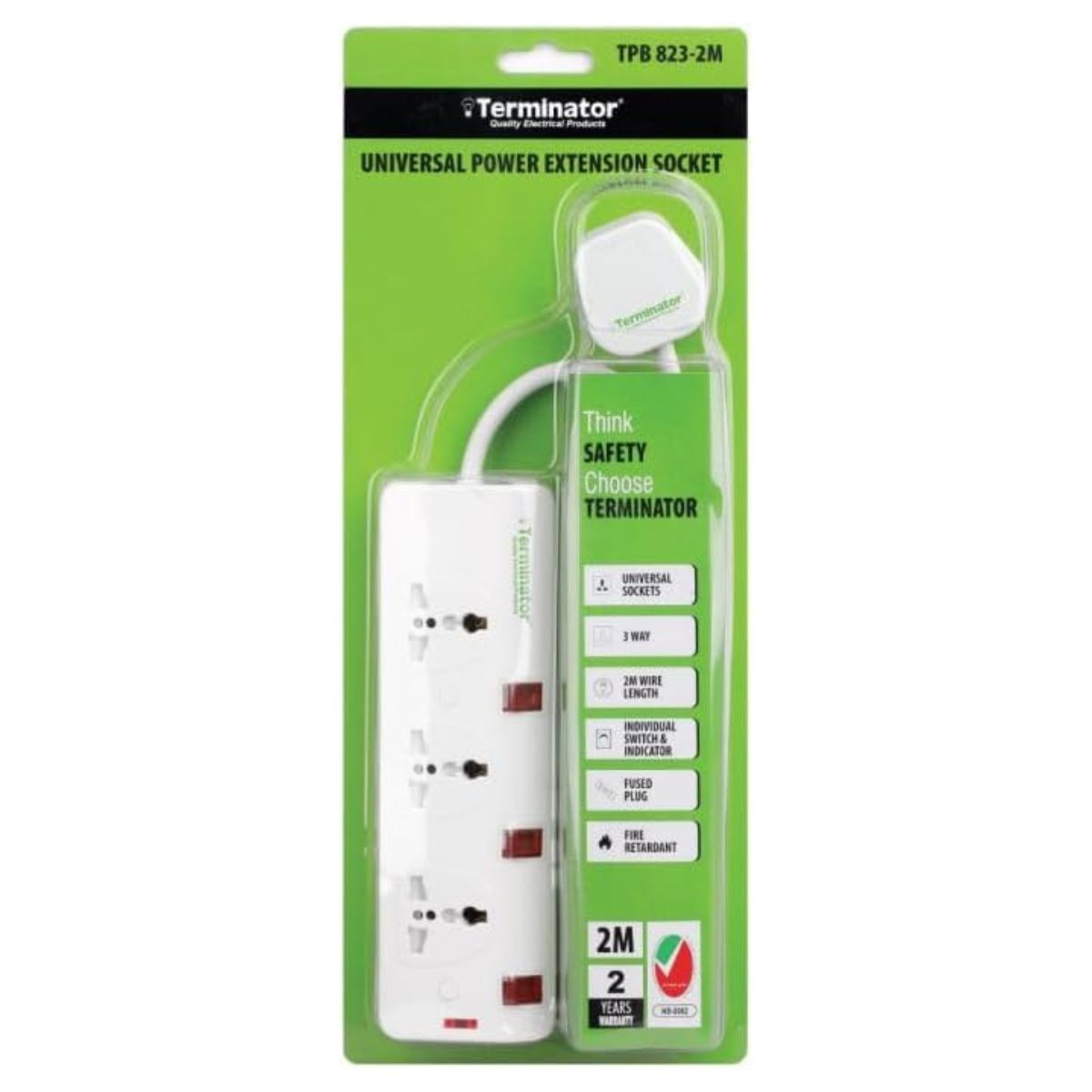 Terminator TPB 823-2M 3-Way Universal Power Extension Socket | Individual Switches & Indicators | 2-Meter Cable