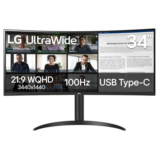 LG 34WR55QK-B 34" Curved UltraWide Monitor, VA Display, WQHD Resolution, 100Hz Refresh Rate, USB-C 65W Power Delivery, Black | 34WR55QK-B (Cushion Missing)