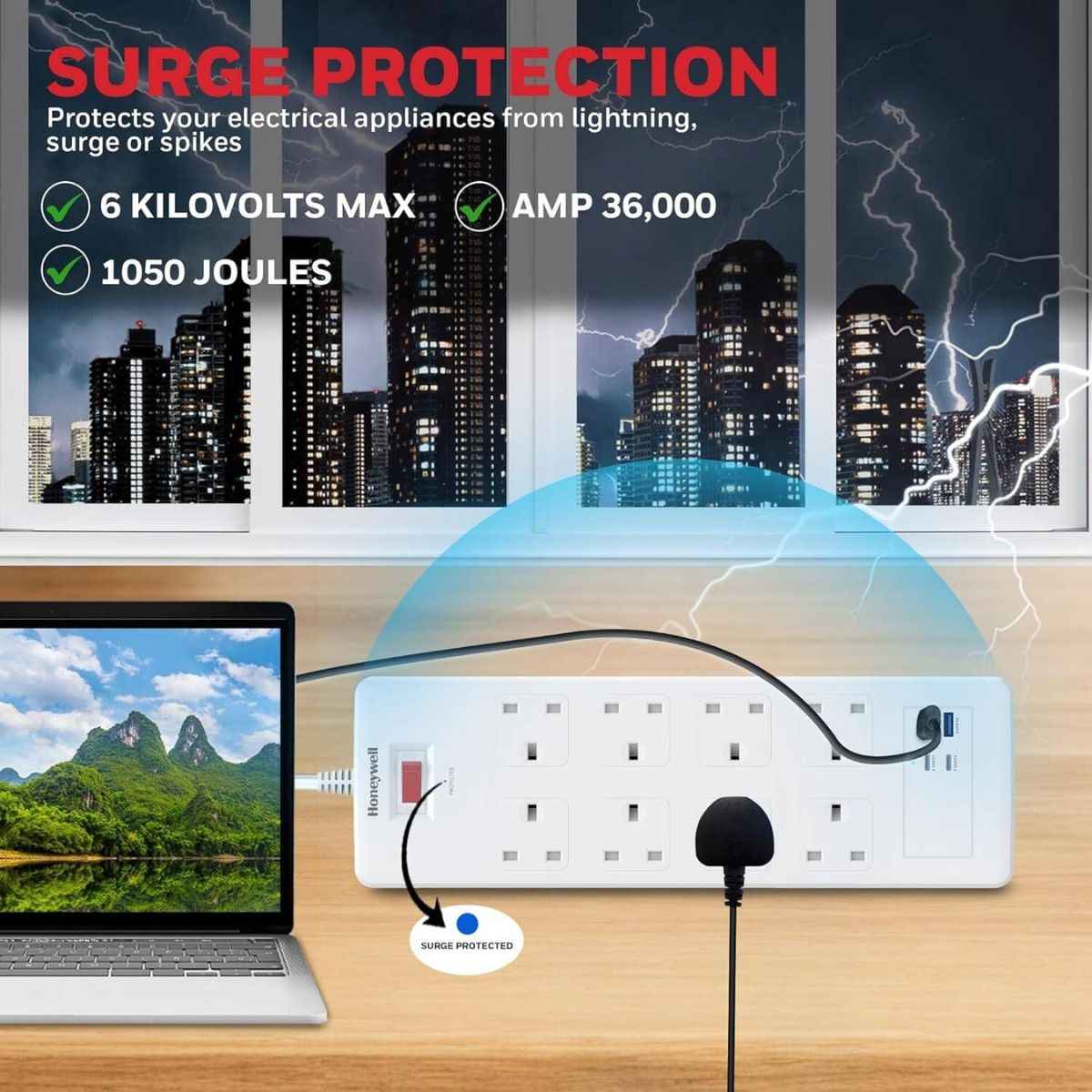Honeywell Surge Protector - 8 Universal Sockets, 2xPD 20W & 2xUSB, 1.8 Meter Cord, White