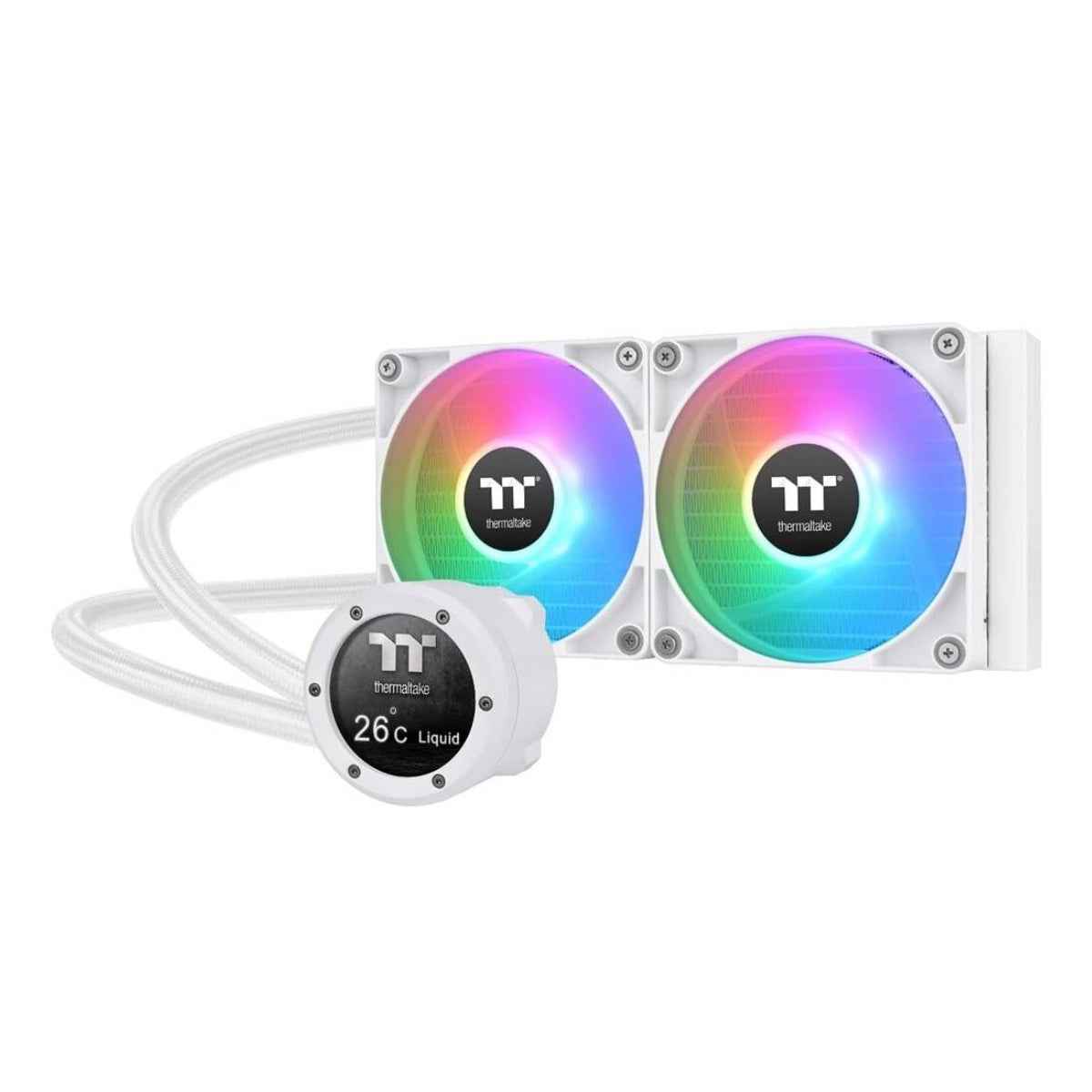 Thermaltake TH240 V2 Ultra ARGB Sync AIO Liquid CPU Cooler – 2×120mm PWM Fans, 2.1" LCD Display, 57.05 CFM, White | CL-W404-PL12SW-A