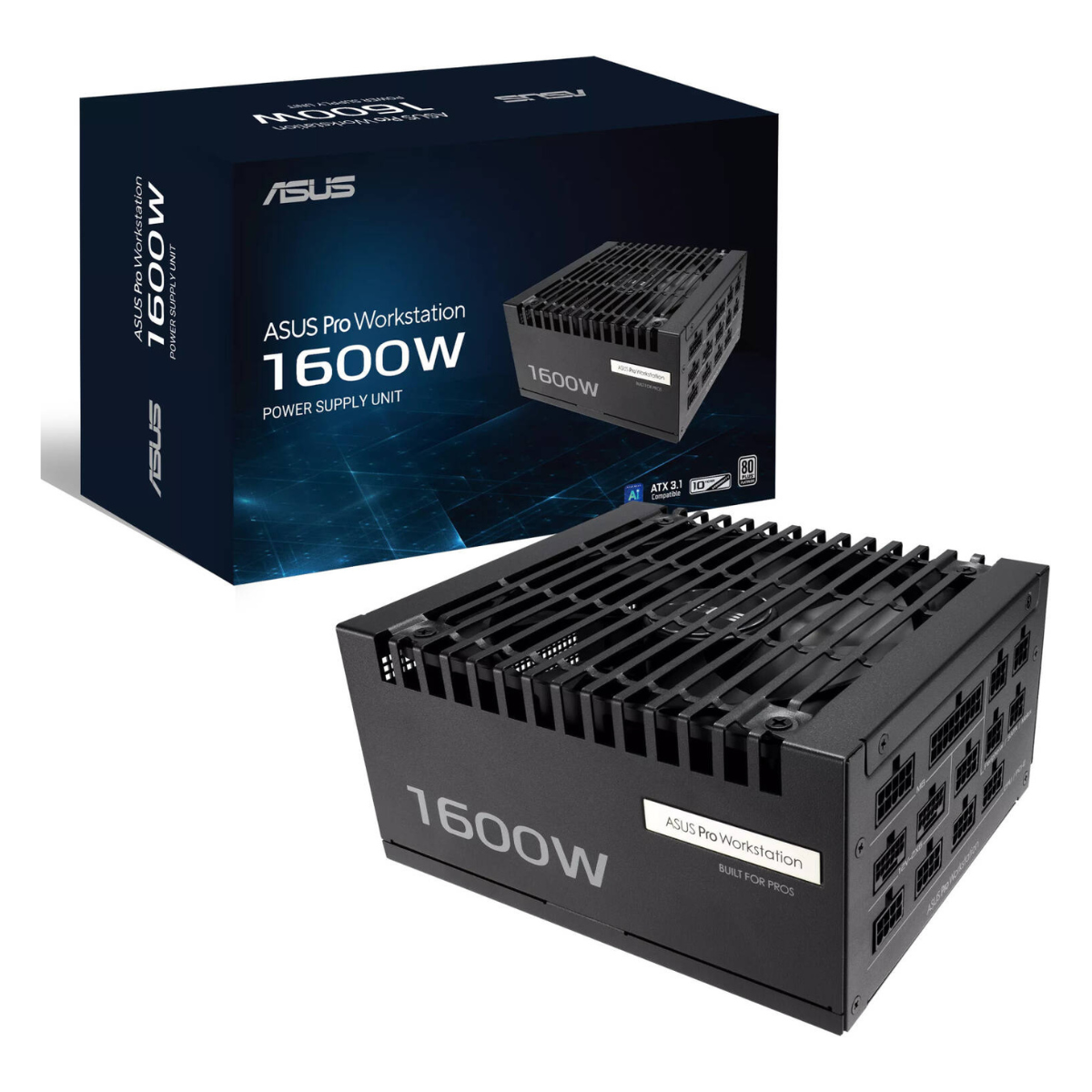 Asus Pro WS Power Supply, 1600W Power, 80 PLUS Platinum Efficiency, ATX 3.1 Compatible, Dual-Ball Fan Bearings, Gold-Plated High-Performance Copper Pins, Black | 90YE00Z2-B0NA00