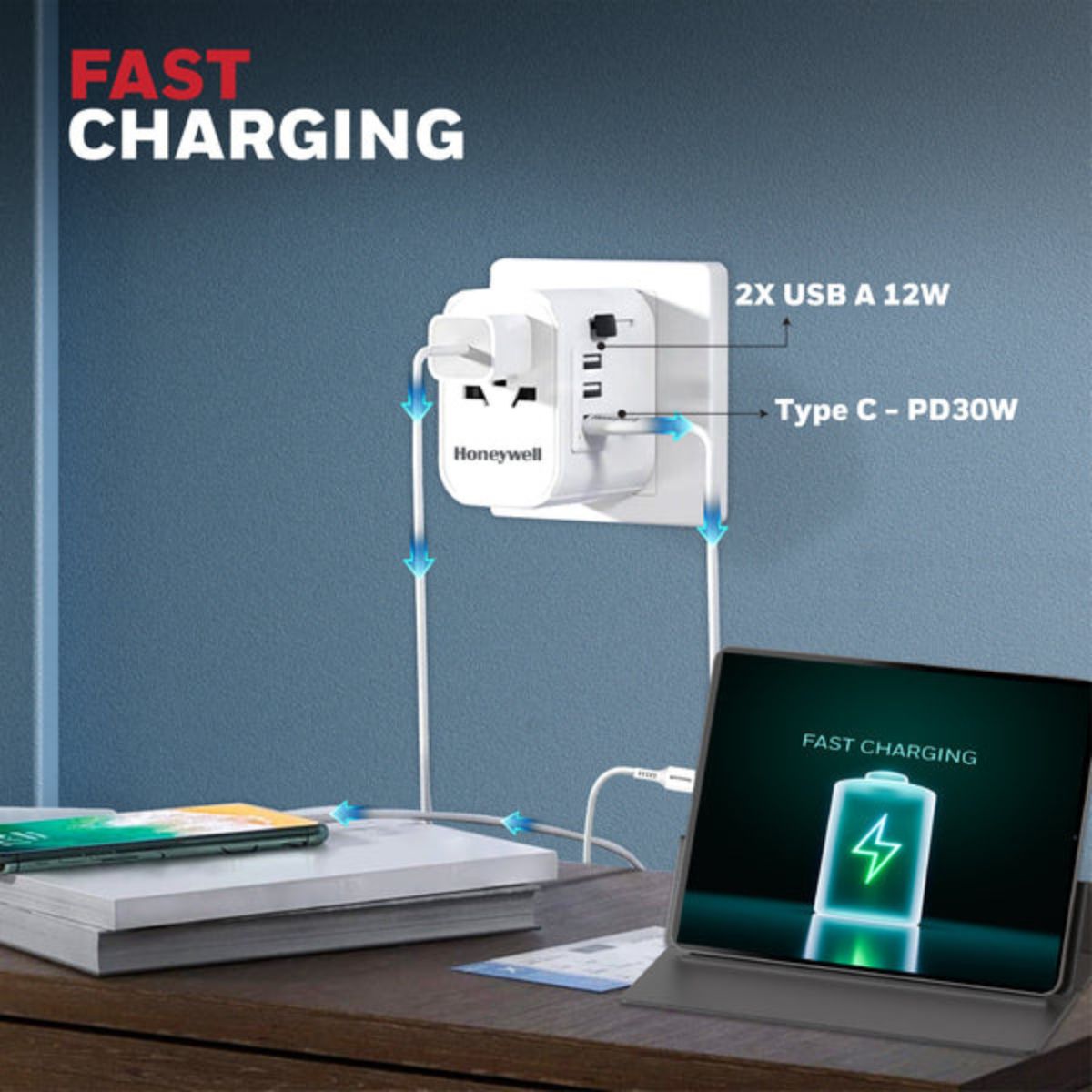 Honeywell Universal World Travel Adapter (EU,US,UK & CN) with 2xUSB-A Ports (12W), 1xType-C PD 30W Port, White
