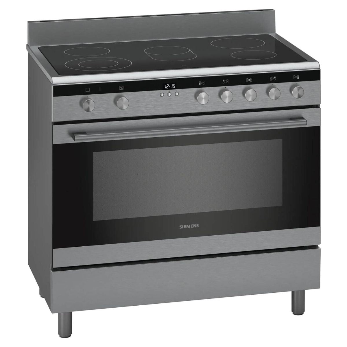 Siemens HK9K9V850M iQ700 Free-Standing Electric Range Cooker, 112L Usable Volume, 5 Ceramic Cooking Zones, Integrated Cooling Fan, Residual Heat Indicators, Stainless Steel