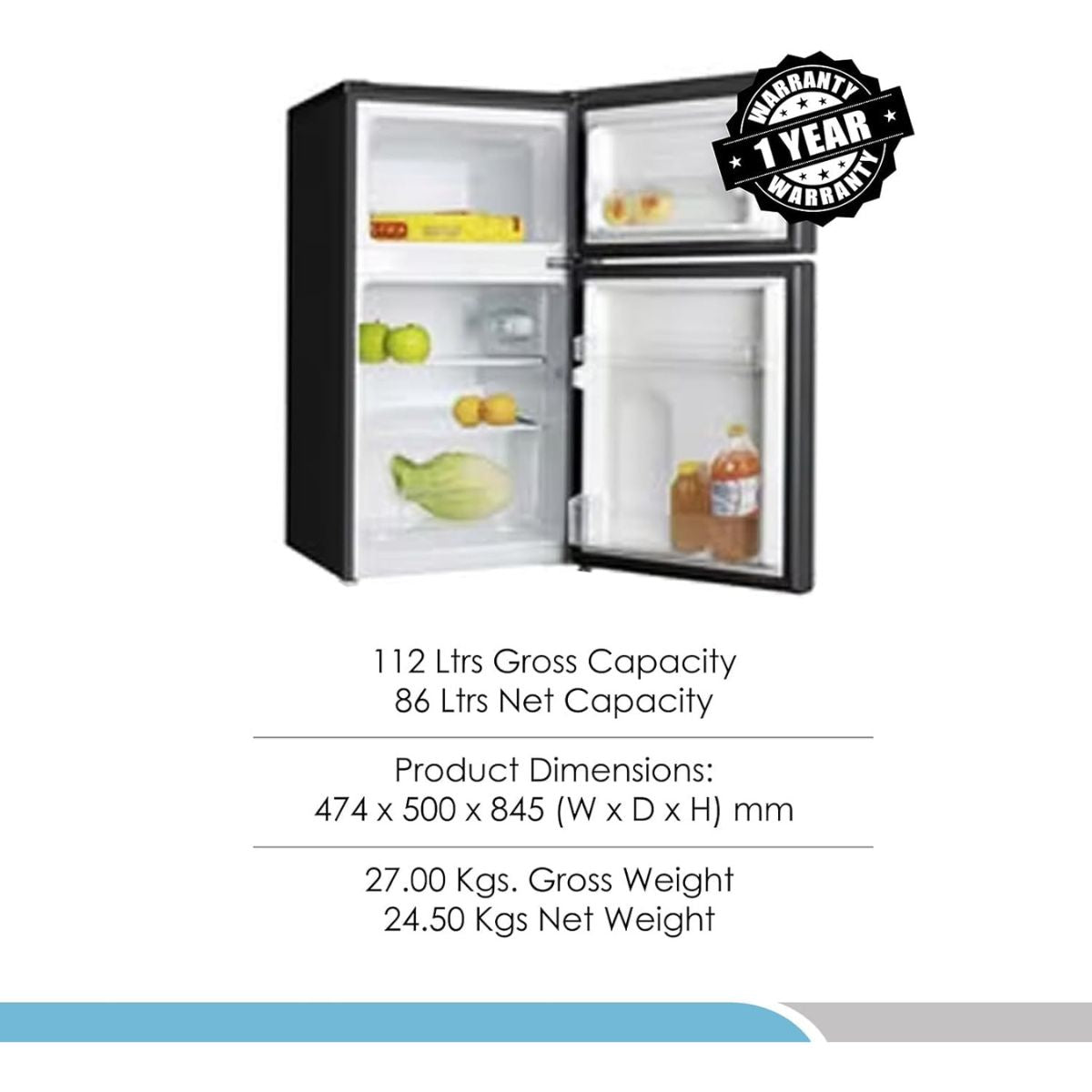 Bompani BR100SS Refrigerator – 100L Top Mount Double Door, Smart Sensor, Black