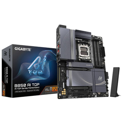 GIGABYTE B850 AI TOP AM5 ATX Motherboard, AMD B850 Chipset, 4x DDR5 DIMM Slots, Up to 256GB Max Memory, 2x PCIe 5.0 x16, 3x M.2 Slots, WiFi & Bluetooth Connectivity | B850-AI-TOP