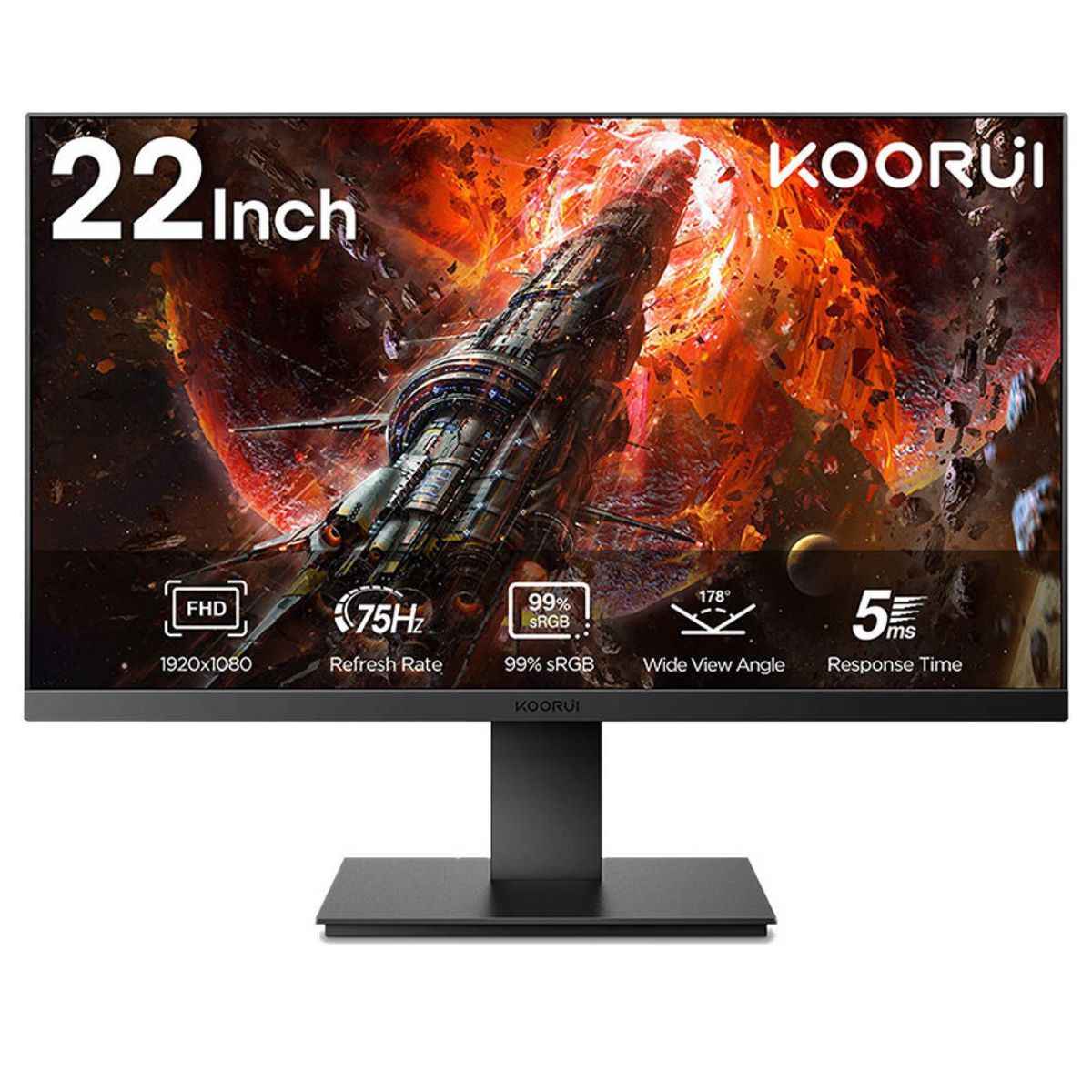 Koorui  22" FHD Business VA Monitor, Ultra Thin Bezel Display, 75Hz Refresh Rate, 5ms Response Time, 99% sRGB Color Gamut, Eye Care, Ergonomic Tilt, VESA Mounting, HDMI VGA Ports, Black | 22N1