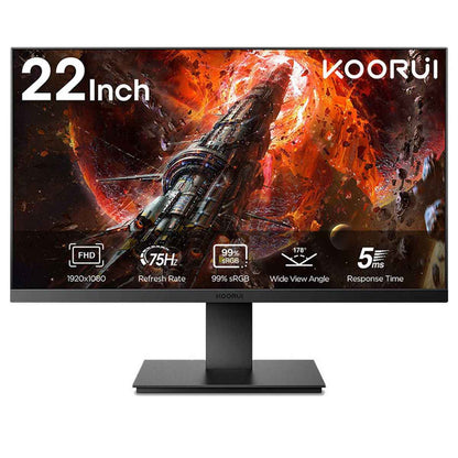 Koorui  22" FHD Business VA Monitor, Ultra Thin Bezel Display, 75Hz Refresh Rate, 5ms Response Time, 99% sRGB Color Gamut, Eye Care, Ergonomic Tilt, VESA Mounting, HDMI VGA Ports, Black | 22N1