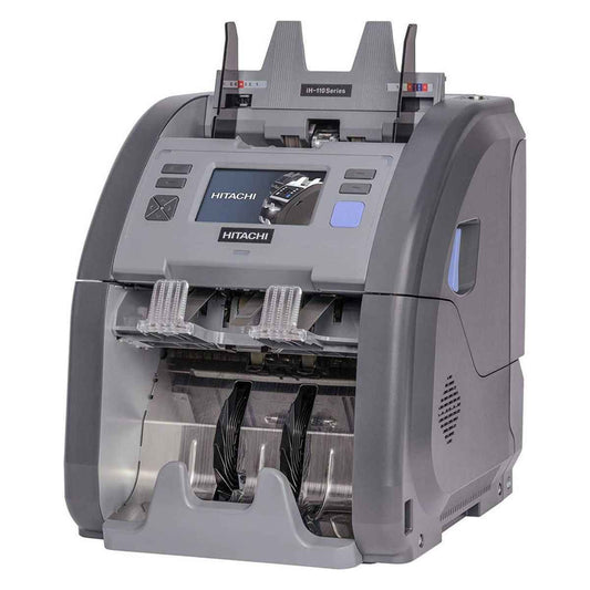 Hitachi IH-110 Cash Counting & Sorting Machine With Counterfeit Detection Technologies, 4.3" Full Color Touch Screen, Dual Pocket, Dual CIS, Fitness Sorter With 25 Currencies, Gray | IH-110