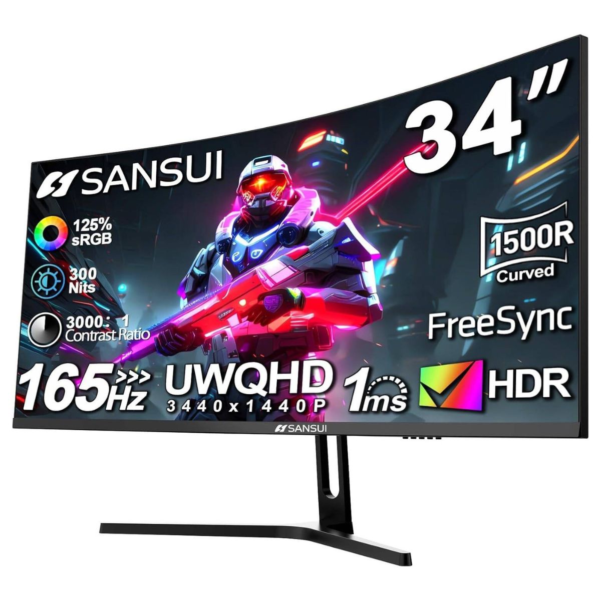 Sansui ES-G34C5 34" Curved UWQHD Gaming Monitor – 165Hz, 1ms (MPRT), 1500R, Fast VA, FreeSync, HDR (Black)