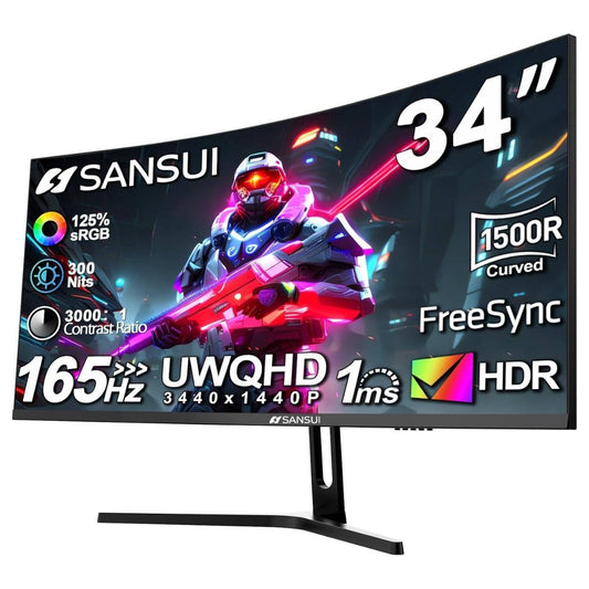 Sansui ES-G34C5 34" Curved UWQHD Gaming Monitor – 165Hz, 1ms (MPRT), 1500R, Fast VA, FreeSync, HDR (Black)