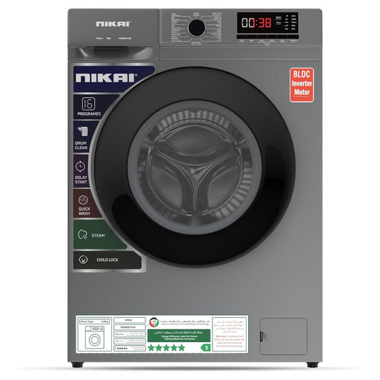 Nikai NWM801FN9S 8KG Front Load Washing Machine – 1200 RPM, 16 Programs, BLDC Inverter Motor, Steam Wash, Silver