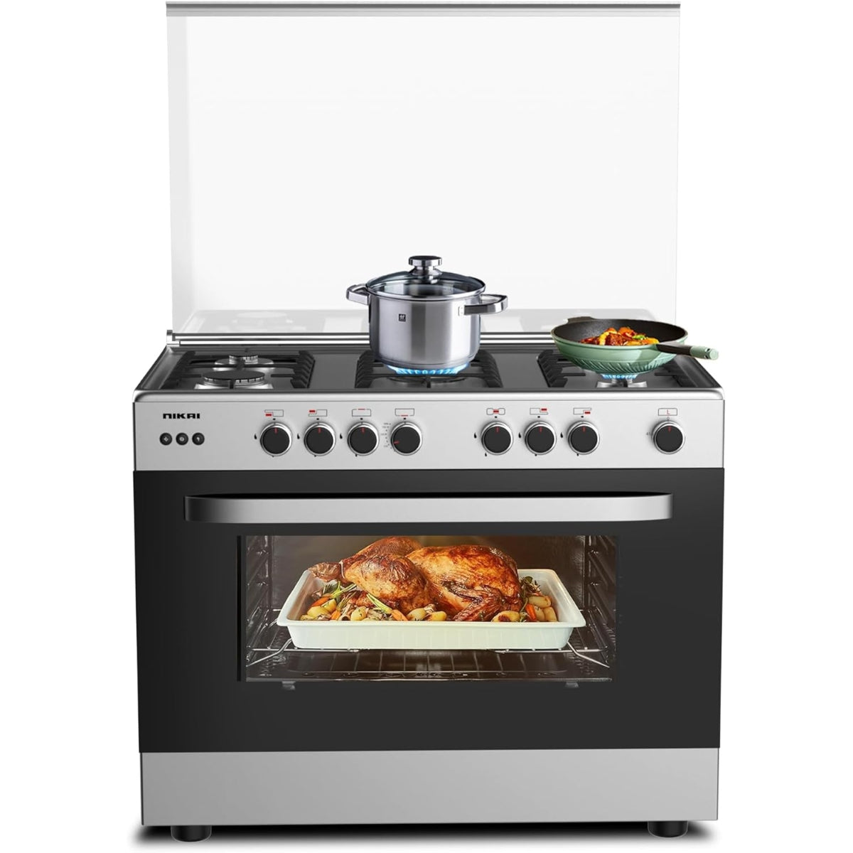 Nikai Free Standing Gas Cooker, Original Italian 5 Cup Burner, Full Auto Ignition, Original Italian Grill Burners, Double Glass Oven Door, Top And Glass Lid, Silver | U6090EG