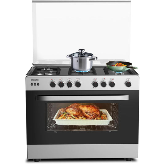 Nikai Free Standing Gas Cooker, Original Italian 5 Cup Burner, Full Auto Ignition, Original Italian Grill Burners, Double Glass Oven Door, Top And Glass Lid, Silver | U6090EG